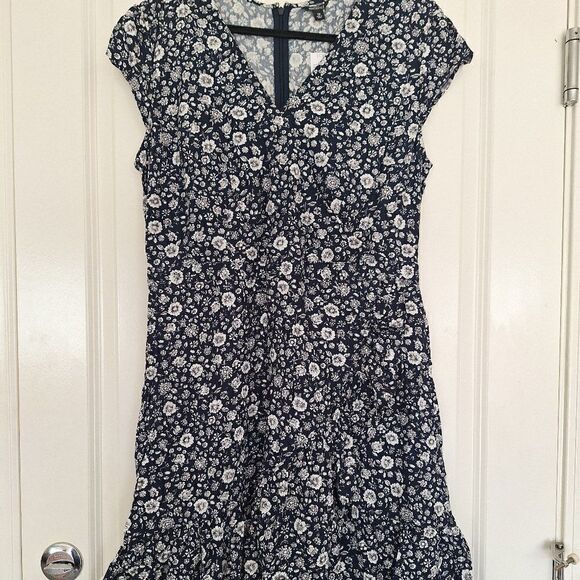 J Crew Floral Faux Wrap Mini Dress ‎ V Neck Navy White size 12 - Picture 1 of 6